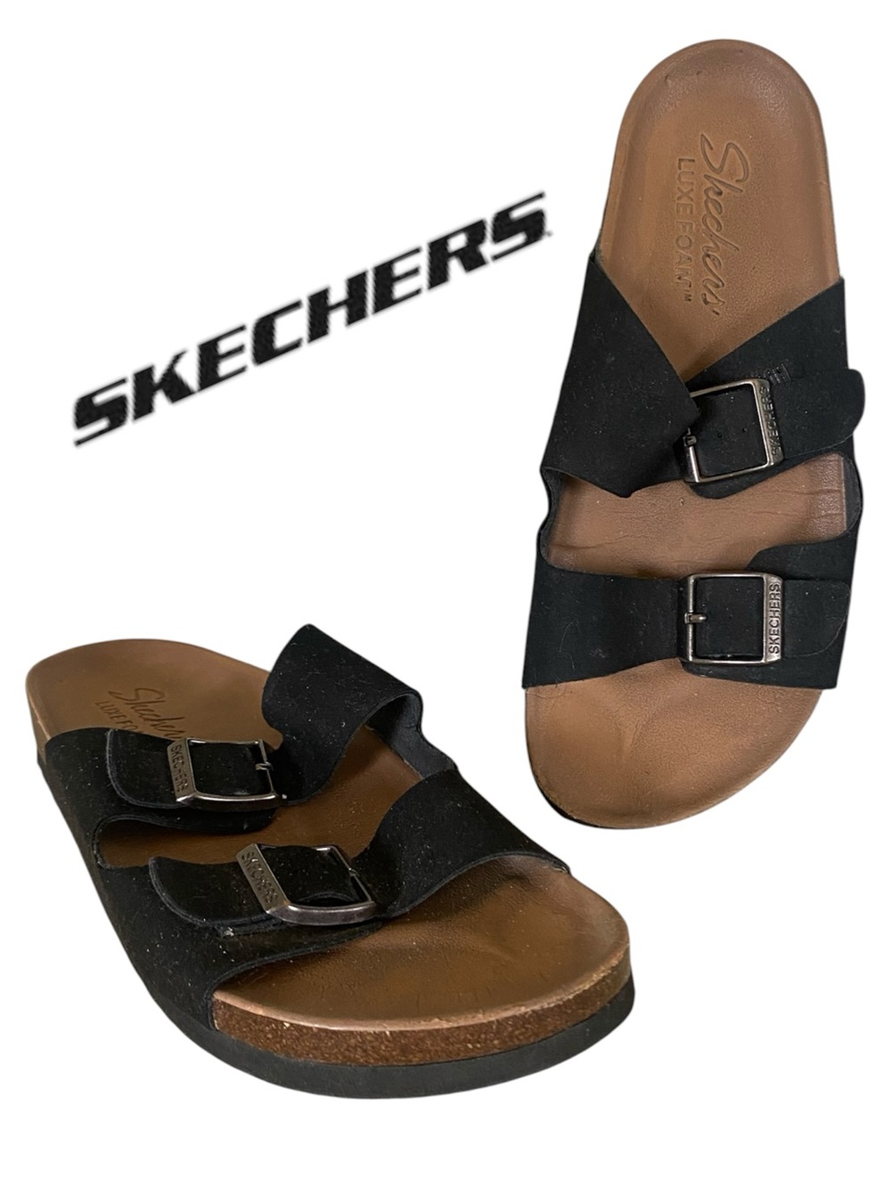 🐿️Skechers Black Suede-Like Slide with Brown Luxe Foam Footbed
